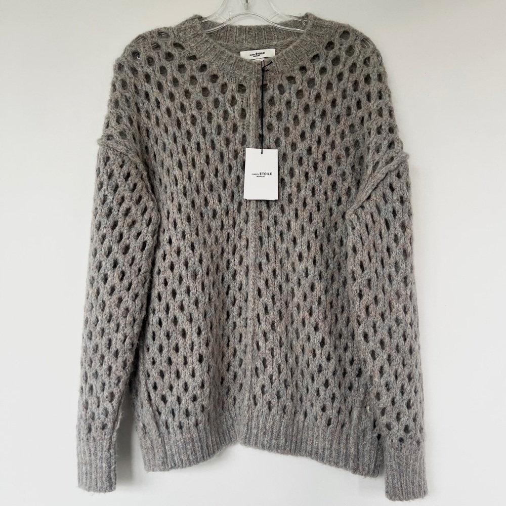 Isabel Marant Etoile grey beige textured open knit crew neck wool blend sweater - Picture 4 of 11